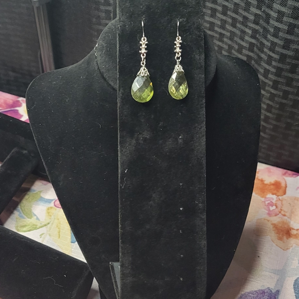 Gun metal and green dangle earrings